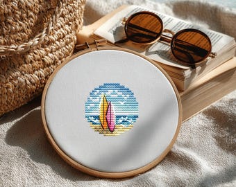 Punto de cruz fácil para principiantes, pequeño patrón de punto de cruz, contado, mini punto de cruz en PDF, patrón de bordado de playa, regalo para amantes del surf