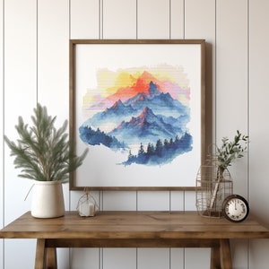 Modernes Kreuzstichmuster mit Bergen, Waldlandschafts-Kreuzstichdesign, wilde Natur-Stickmuster, gezählte Kreuzstichkarte