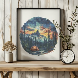 Natur Kreuzstichmuster, Camping Kreuzstich Design, Waldlandschaft Stickmuster, Kreuzstichvorlage mit Bergen