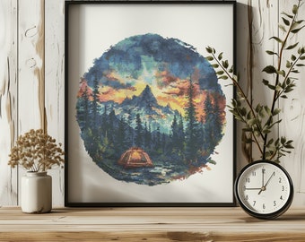 Camping Kreuzstichmuster, Natur Kreuzstich Design, Waldlandschaft Stickmuster, Zählbild, Kreuzstichvorlage mit Bergen