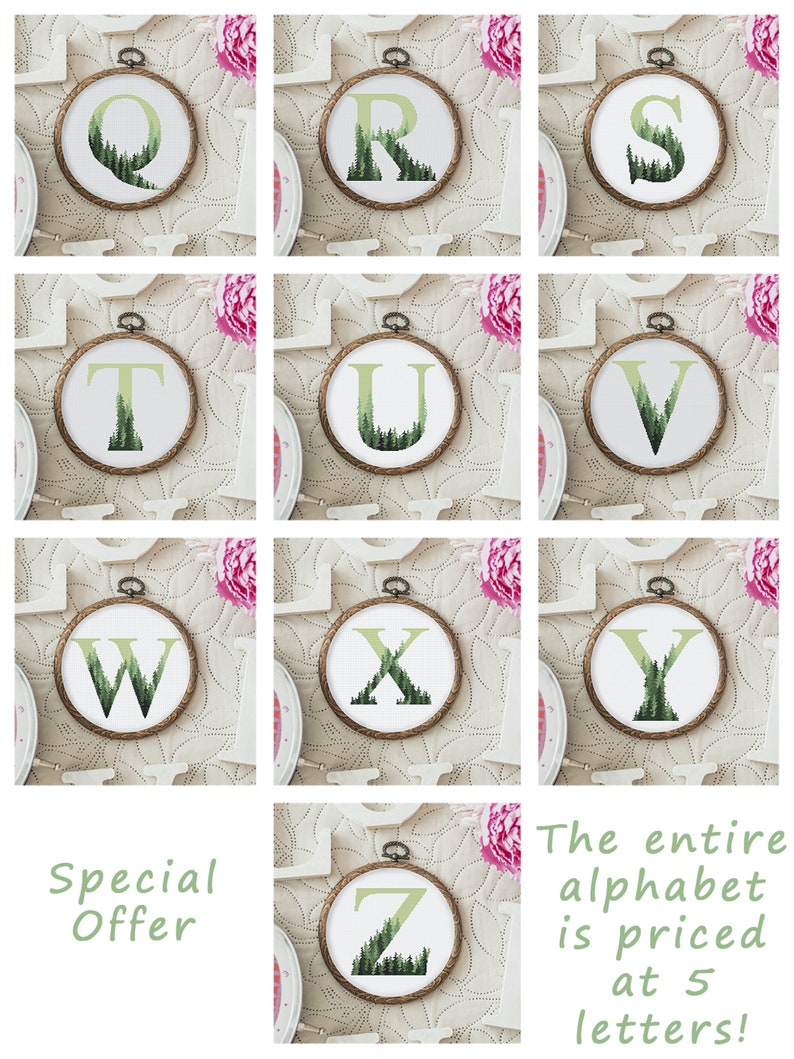 Monogram Cross Stitch Pattern, Green Forest Embroidery Design With