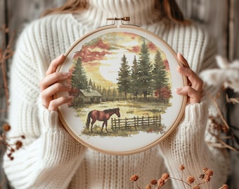 Modern Cross Stitch Pattern With Horse Animal Cross Stitch Charts Landscape Embroidery Designs Counted Nature Cross Stitch Designs
