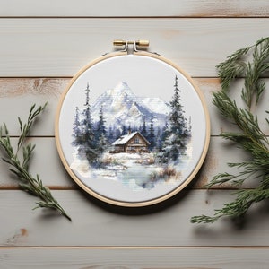 Natur Kreuzstichmuster Mit Bergen, Landschaft Kreuzstich Designs, Winter Hütte im Wald Stickmuster, Kreuzstich gezählt