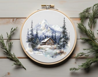 Nature Cross Stitch Pattern With Mountains, Landscape Cross Stitch Designs, Winter Cabin In Forest Embroidery Pattern, Counted Cross Stitch