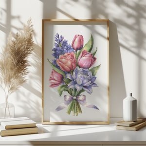Kruissteekpatroon met bloemenboeket, pdf-bestand Moederdag kruissteek, geteld borduurpatroon, kruissteektabel lentebloem