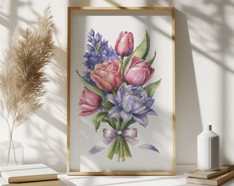 Kruissteekpatroon met bloemenboeket, pdf-bestand Moederdag kruissteek, geteld borduurpatroon, kruissteektabel lentebloem