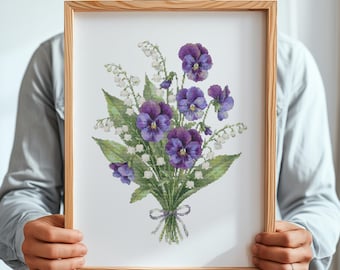 Kruissteekpatroon met viooltjes, lelietje-van-dalen, getelde kruissteekontwerpen, bloemborduurontwerpen, geboortebloem, kruissteekkunst