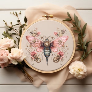 Moeder kruissteekpatroon met vlinder, borduurpatroon roze bloemen, Steampunk insecten kruissteektabel, geteld, Moederdagcadeau
