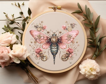 Mom Cross Stitch Pattern With Butterfly, Pink Flowers Embroidery Pattern, Steampunk Insects Cross Stitch Chart, Counted, Mother&#39;s Day Gift