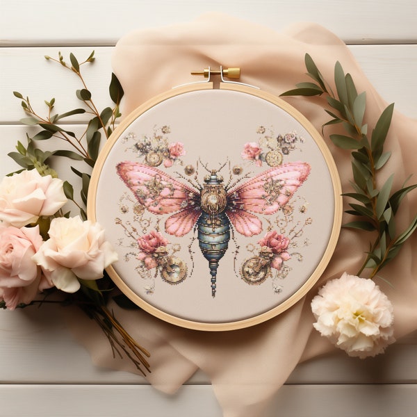 Mom Cross Stitch Pattern With Butterfly, Pink Flowers Embroidery Pattern, Steampunk Insects Cross Stitch Chart, Counted, Mother's Day Gift