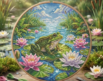 Getelde kruissteekpatroon PDF met kikker, getelde kruissteekontwerpen, borduurontwerpen, sagabestand, voor gevorderden