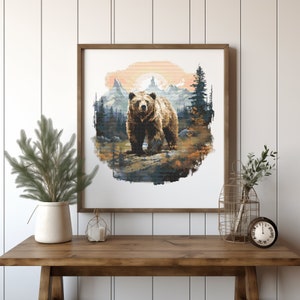Dieren kruissteekpatroon met beer, kruissteekontwerpen landschap, kruissteekkaart bos, borduurpatroon wilde natuur, geteld