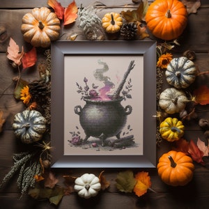 Halloween Cross Stitch Pattern With Witch&#39;s Cauldron Black Halloween Embroidery Pattern Modern Cross Stitch Designs Counted Cross Stitch Pdf