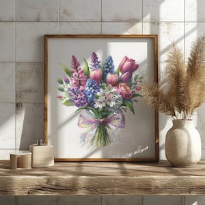 Kruissteekpatroon met bloemenboeket, geteld borduurpatroon, Moederdag kruissteek pdf-bestand, kruissteektabel lentebloem