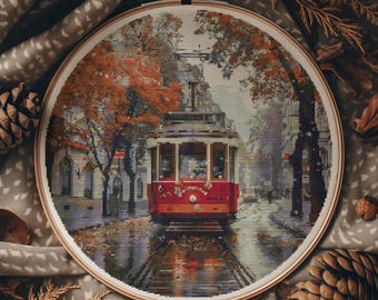 Fall Cross Stitch Designs, Watercolor Cross Stitch Pattern With Retro Tram, Autumn Embroidery Pattern Pdf, Counted, Pattern Keeper