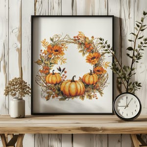 Kruissteekpatroon met herfstbloemen geteld Herfst borduurpatroon herfst bloemenkrans Kruissteekkaart moderne kruissteekkunst