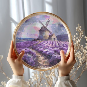 Cross Stitch Pattern With Windmill In Lavender, Cross Stitch Art, Embroidery Design, Landscape Cross Stitch PDF, Count Cross Stitch Chart