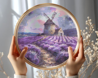 Cross Stitch Pattern With Lavender Fields, Counted Cross Stitch Art, Embroidery File, Landscape Cross Stitch PDF, France Lover Gifts