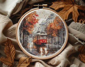 Aquarel kruissteekpatroon met retro tram, herfstborduurontwerpen, borduurontwerp, getelde kruissteek-pdf, patroonhouderbestand