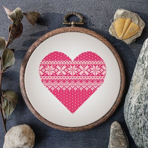 Heart Cross Stitch PDF Counted Pink Scandinavian Cross Stitch Pattern Folk Ornament Embroidery Digital Downloads image 1