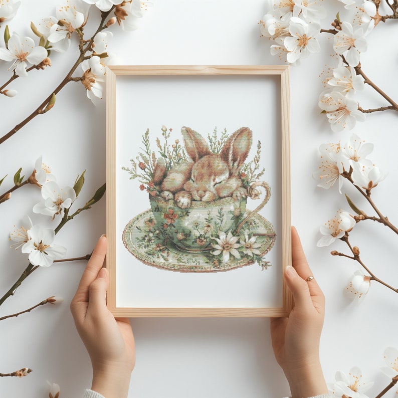 Cross Stitch Pattern With Cute Bunny, Modern Cross Stitch Designs, Embroidery Designs, Floral Cross Stitch PDF, Spring Cross Stitch Pattern image 5