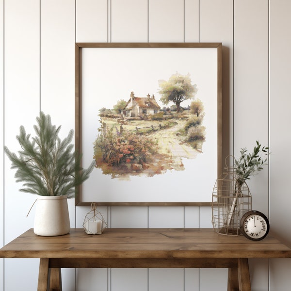 Cross Stitch Pattern With Country Cottage, Rustic Landscape Cross Stitch Designs, Country Embroidery Pattern, Counted Cross Stitch Sampler