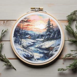Winter Cross Stitch Pattern With River, Winter Forest, Counted Cross Stitch, Landscape Cross Stitch Designs, Nature Embroidery Designs