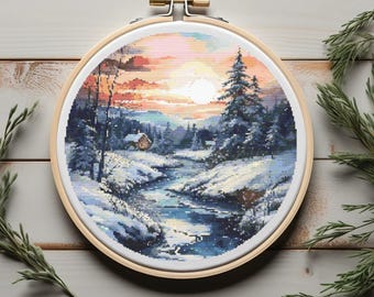 Winter Cross Stitch Pattern With River, Winter Forest, Counted Cross Stitch, Landscape Cross Stitch Designs, Nature Embroidery Designs