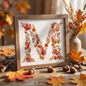 May include: A square wooden frame containing a cross-stitch embroidery of the letter M, intricately formed by colorful autumn leaves, berries, and small flowers in shades of orange, red, and yellow on a white fabric background.