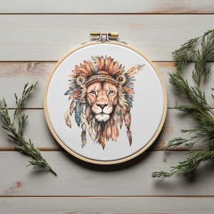 Tier Kreuzstichmuster mit Löwen, Kreuzstichmotive, Boho Kreuzstichmuster, Natur Stickmuster, einfacher Kreuzstich