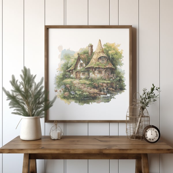 Cross Stitch Pattern With Fairy Cottage, Rustic Landscape Cross Stitch Designs, Fairy Embroidery Designs, Counted Cross Stitch Pattern Pdf