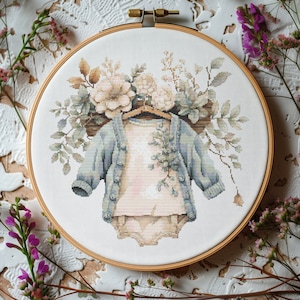 Patrón de punto de cruz con traje vintage para bebé niño, patrón de bordado floral contado, gráfico de punto de cruz de acuarela, punto de cruz para guardería, PDF