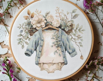 Kruissteekpatroon met vintage babyjongen outfit geteld bloemen borduurpatroon aquarel kruissteekkaart kinderkamer kruissteek pdf
