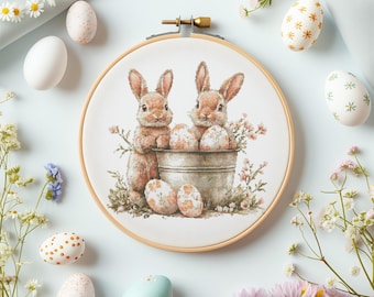 Kruissteekpatroon met twee paashazen Pasen-borduurpatroon pdf Cottagecore-kruissteekontwerpen lente kruissteekpatroon