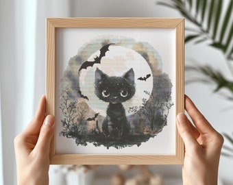 Fall Cross Stitch Pattern With Black Kitten, Counted, Autumn Embroidery Designs, Halloween Cross Stitch Pdf, Halloween Nursery Wall Decor