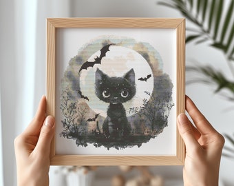 Counted Cross Stitch Pattern With Halloween Kitten, Black Cute Cat Embroidery Pattern, Halloween Embroidery, Nursery Cross Stitch Pdf