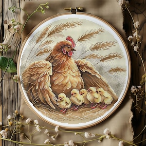 Cross Stitch Pattern With Hen Chickens Cottagecore Cross Stitch Designs Modern Farm Cross Stitch Charts Counted Farm Embroidery Patterns