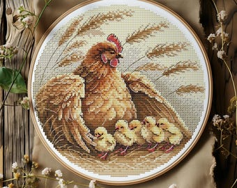 Cross Stitch Pattern With Hen Chickens Cottagecore Cross Stitch Designs Modern Farm Cross Stitch Charts Counted Farm Embroidery Patterns