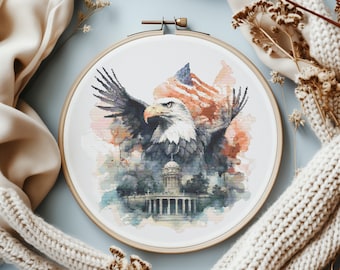 Patriottische kruissteekontwerpen, getelde kruissteekpatroon pdf met Amerikaanse adelaar, kruissteekkaart VS, 250 jaar onafhankelijkheidsgeschenken