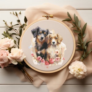 Cross Stitch Pattern With Dogs, Valentine&#39;s Day Embroidery Pattern, Pet Cross Stitch Charts, Simple Cross Stitch, DIY Gift For Dog Mom