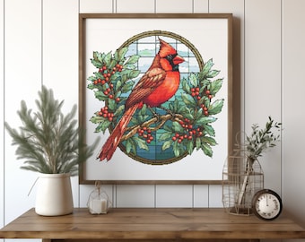 Winter Cross Stitch Pattern With Red Cardinal, Counted, Christmas Embroidery Pattern, Christmas Cross Stitch Chart, Unique Gifts For Grandma