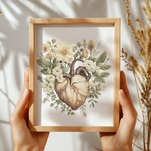 Patrón de punto de cruz con anatomía de corazón, contado, patrón de bordado, gráfico de punto de cruz floral en acuarela, PDF de punto de cruz con flores