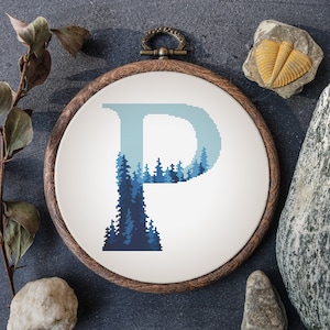 Patrón de punto de cruz con monograma Diseños de punto de cruz con letras del bosque Patrón de bordado de iniciales Punto de cruz fácil Regalo personalizado para papá