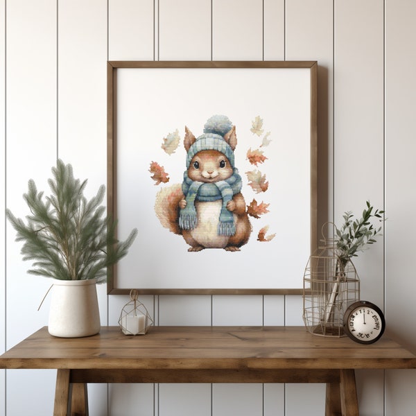 Cross Stitch Pattern With Cute Squirrel, Nursery Cross Stitch Design, Animal Cross Stitch Chart, Animal Embroidery Pattern For Kids, Counted