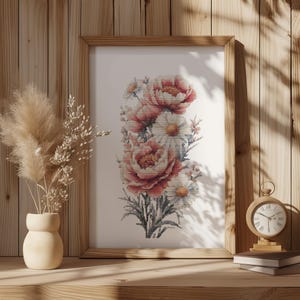 Padrão de ponto cruz com margaridas, desenhos de ponto cruz com peônias, padrão de bordado de flores de nascimento, arte de ponto cruz com flores de nascimento de abril