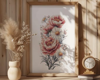 Cross Stitch Pattern With Daisy, Counted, Peony Cross Stitch Designs, Birth Flower Embroidery Pattern, April Birth Flower Cross Stitch Art
