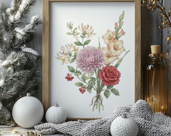 Geteld kruissteekpatroon met bloemenboeket, borduurontwerpen, geboortebloem kruissteekkaart, Moederdag kruissteek pdf