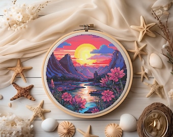 Nature Cross Stitch Pattern With Mountains In Sunset, Counted, Landscape Cross Stitch Designs, River Embroidery Pattern, Easy Cross Stitch