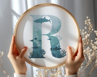 Letter Cross Stitch Pattern PDF, Counted Cross Stitch Charts With Modern Monogram R, Family Initials Embroidery Designs, Name Cross Stitch