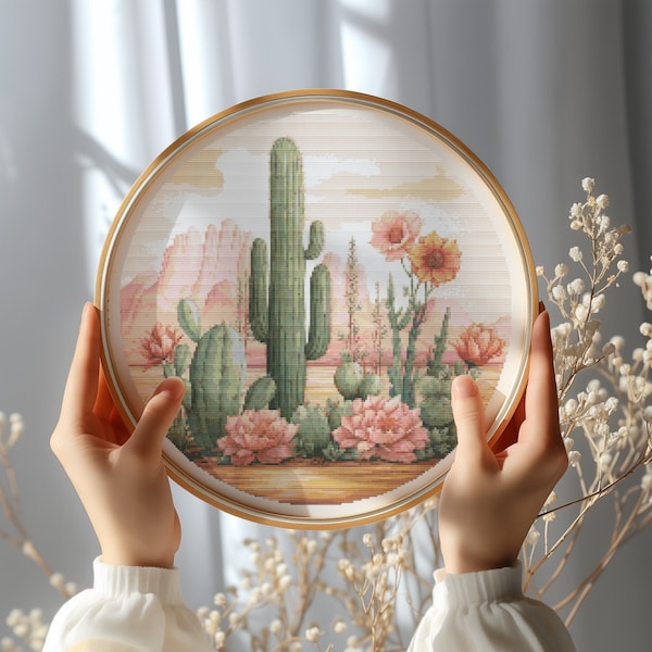 Counted Cross Stitch Pattern With Cactus, Modern Cross Stitch Chart, Desert Landscape Cross Stitch Designs, Wild Nature Embroidery Pattern